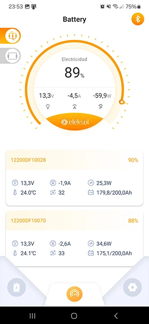 Destino Camper | Baterías de litio para camper: ELEKSOL 200Ah guía completa y nuestra experiencia Aplicacion movil eleksol contando ambas baterías a la vez