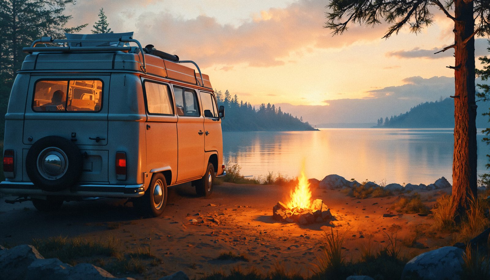 una-camioneta-esta-estacionada-junto-una-fogata una-camioneta-esta-estacionada-junto-una-fogata