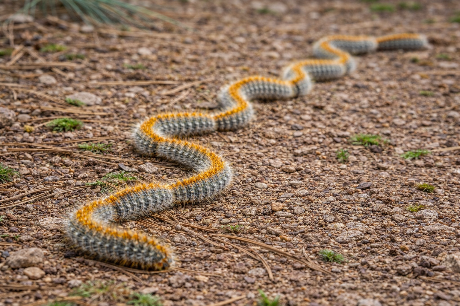 Procesionaria en perros y gatos fila de orugas en el suelo Procesionaria en perros y gatos fila de orugas en el suelo