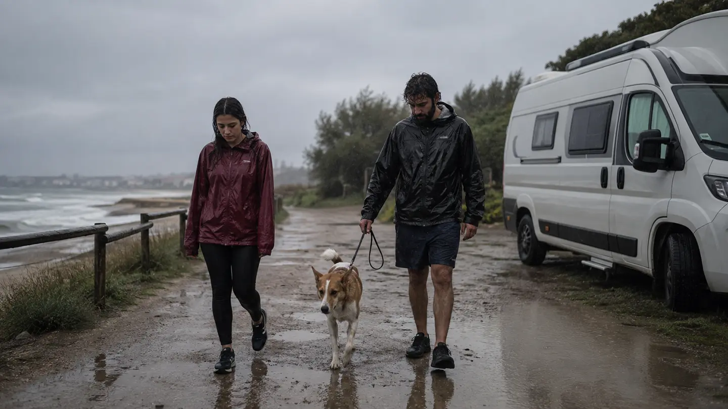 vivir en camper dias aburridos paseando con lluvia a Dante